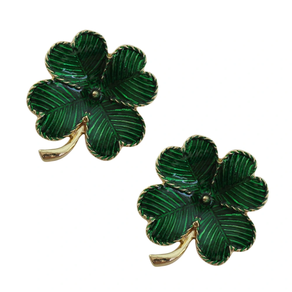 2pcs Shamrock Gold Plated Four Leaf Brooch Clover Retro Lapel Pin St. Patricks Day Accessory (Green)