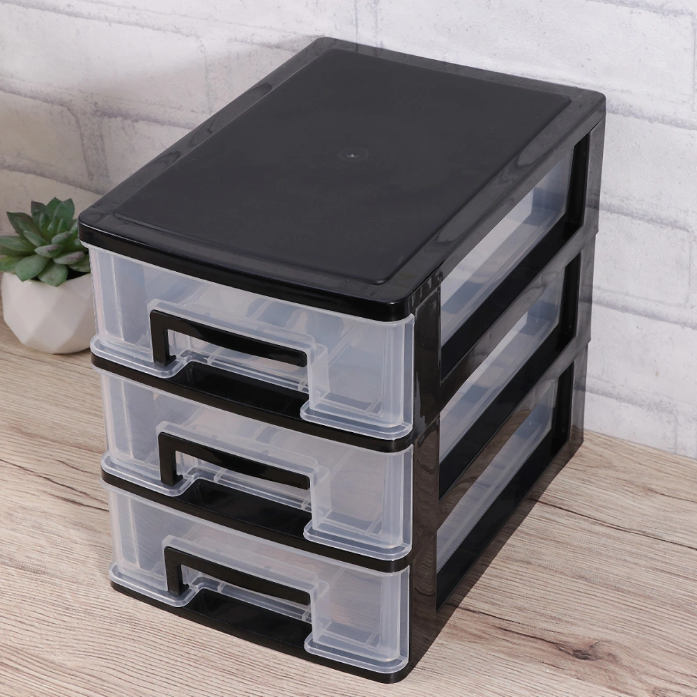 Three-layer Plastic Drawer Type Closet Portable Storage Cabinet Multifunction Storage Rack Organizer Furniture (Black and Transparent)