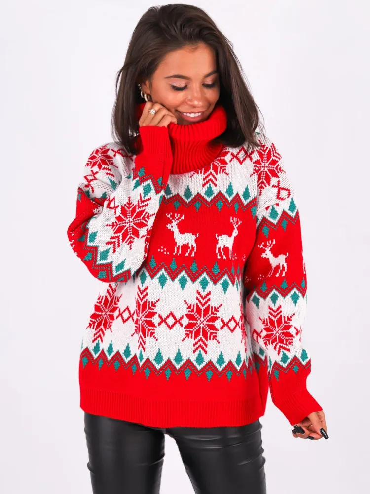 Women's Christmas Reindeer Xmas Snowflake Patterns Turtleneck Knitted Sweater Long Sleeve Elk Floral Printed Pullover