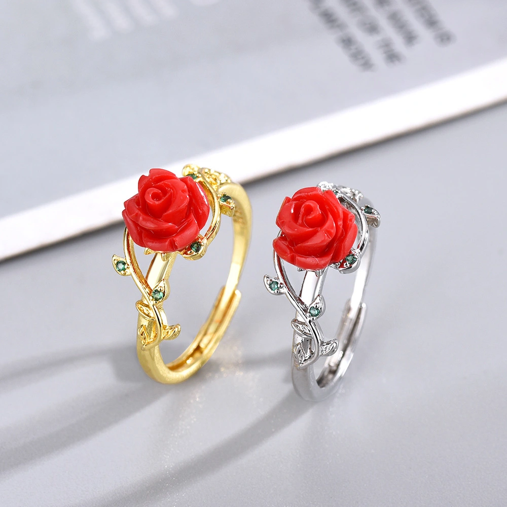 New Rose South Red Open Ring Female Elegant Retro Ethnic Style Adjustable