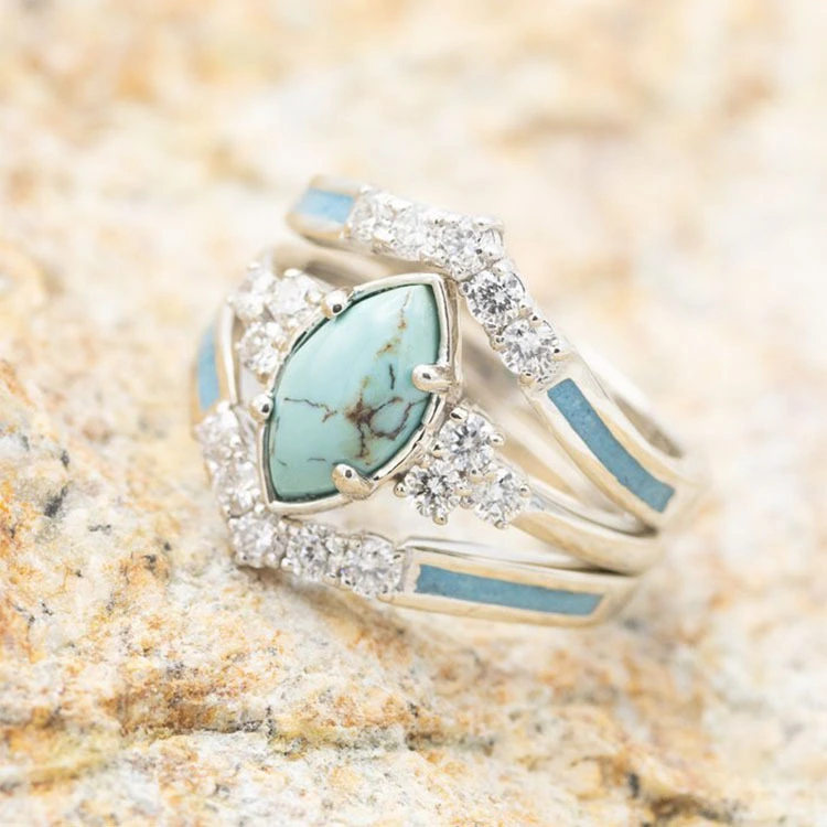 Fashion retro diamond set Turquoise ring three piece set