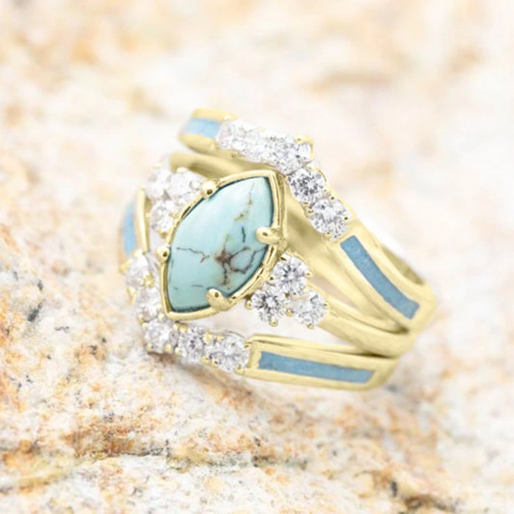 Fashion retro diamond set Turquoise ring three piece set