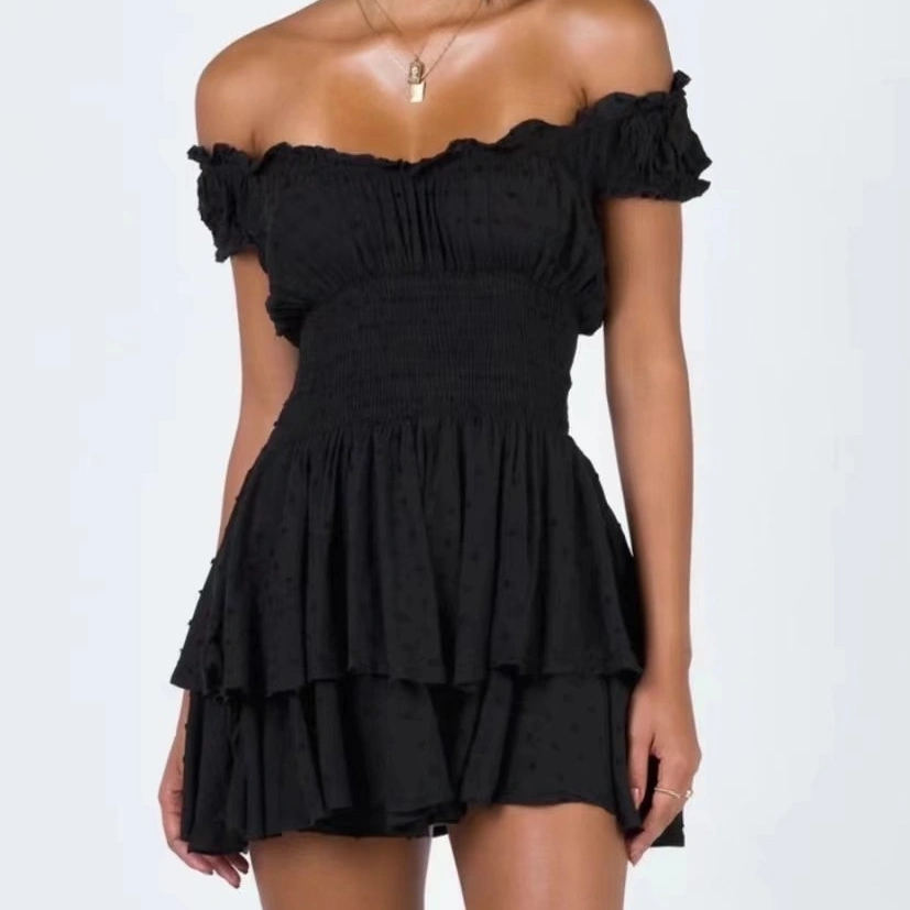 Lady Sexy Off-neck Sleeveless Waist Slimming Pleated Dress