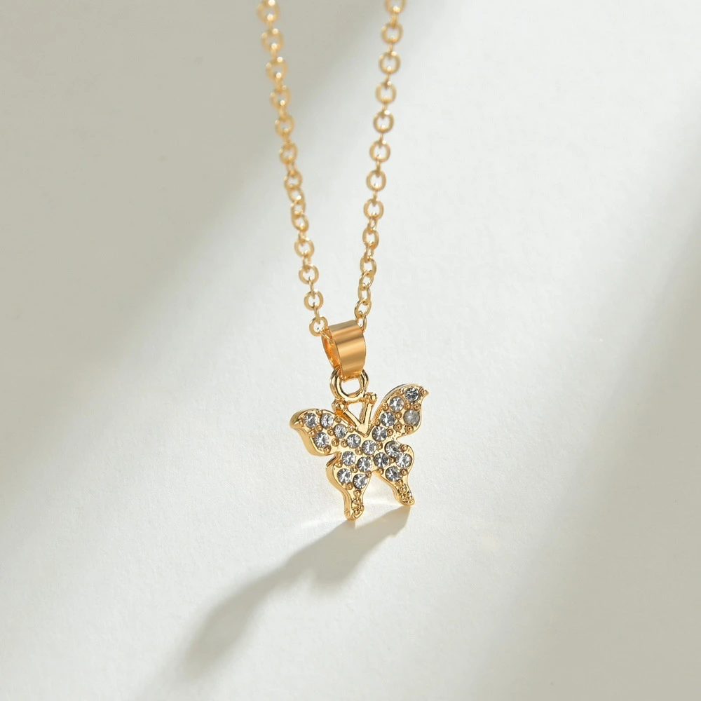 Korean Fashion Rhinestone Butterfly Pendant Necklace Alloy Simple