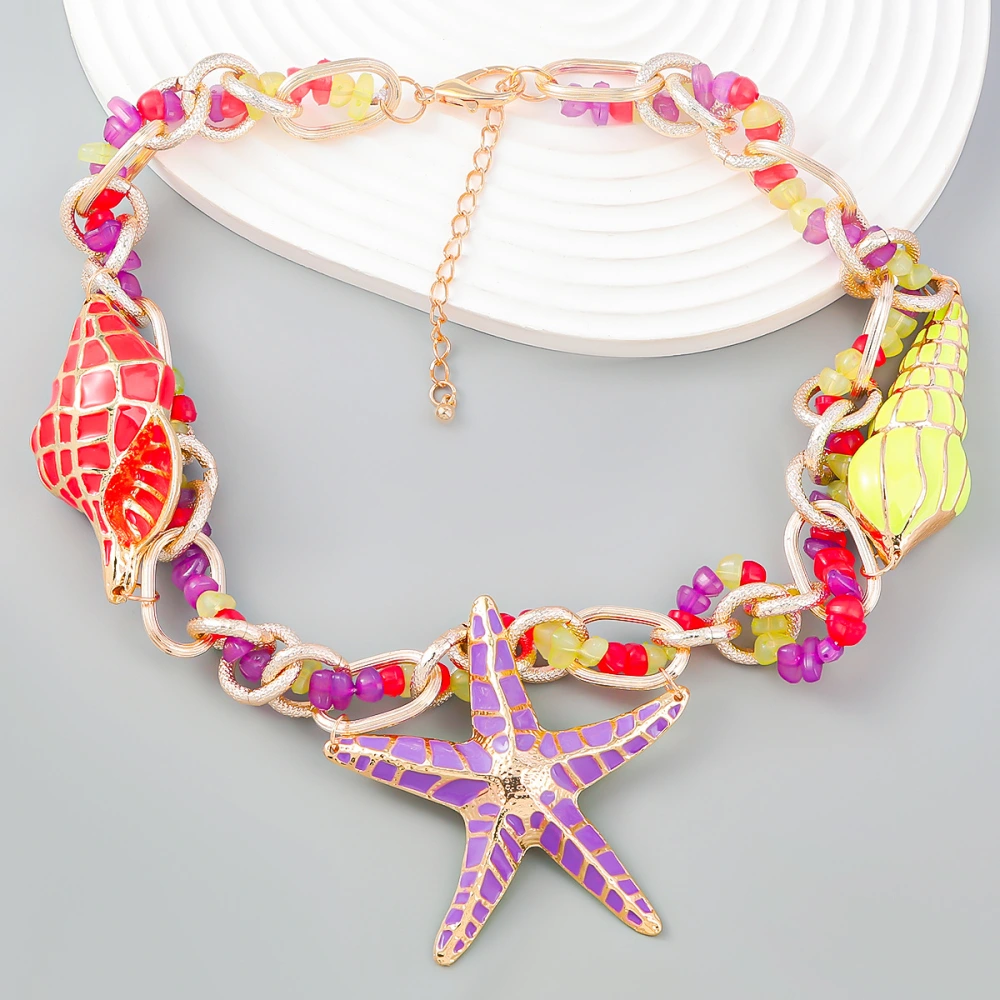 Stylish Beach Ocean Wind Alloy Dripping Conch Starfish Necklace Female