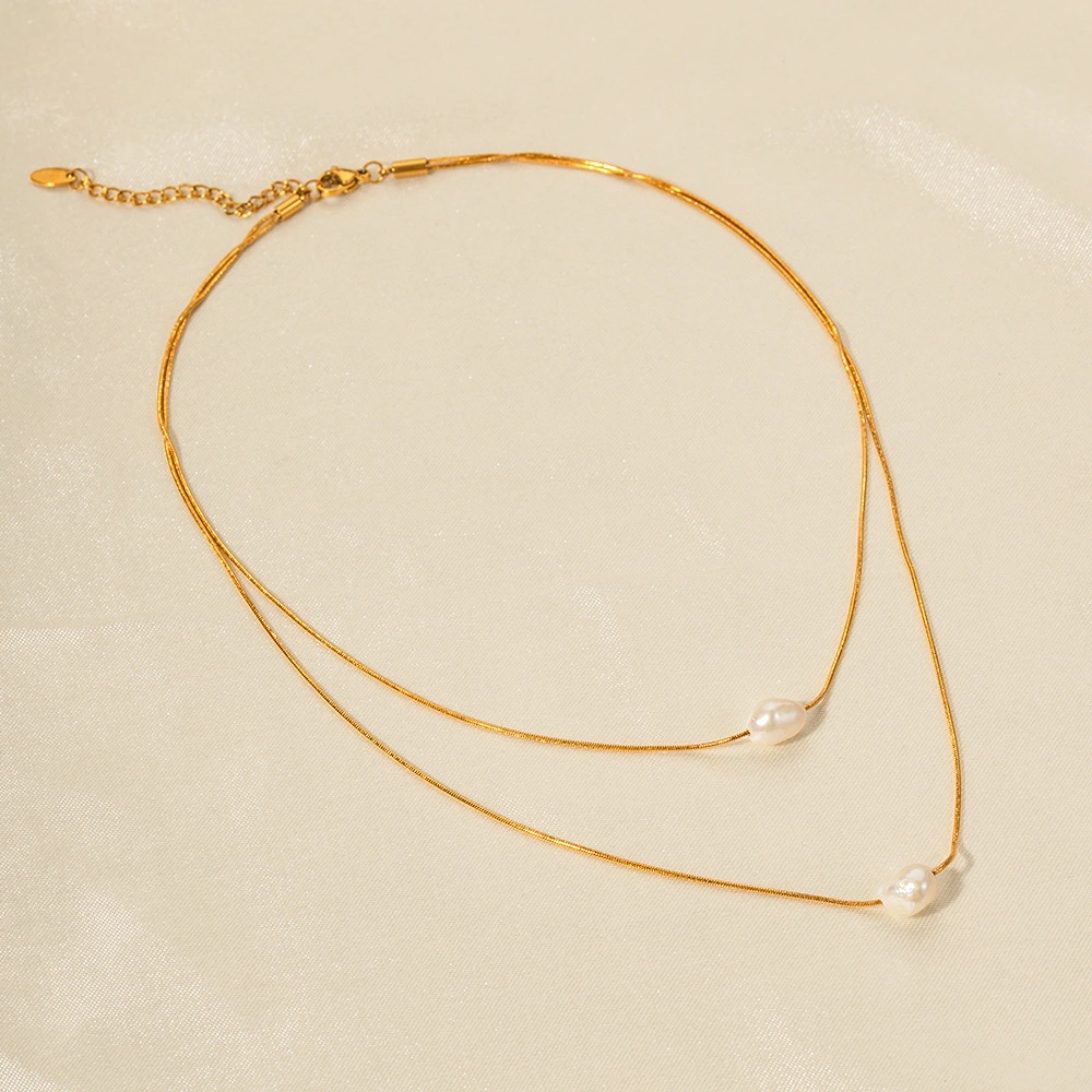 Pearl Necklace 18K Gold Stainless Steel Inlaid Freshwater Pearl Double Layer Non-fading Necklace