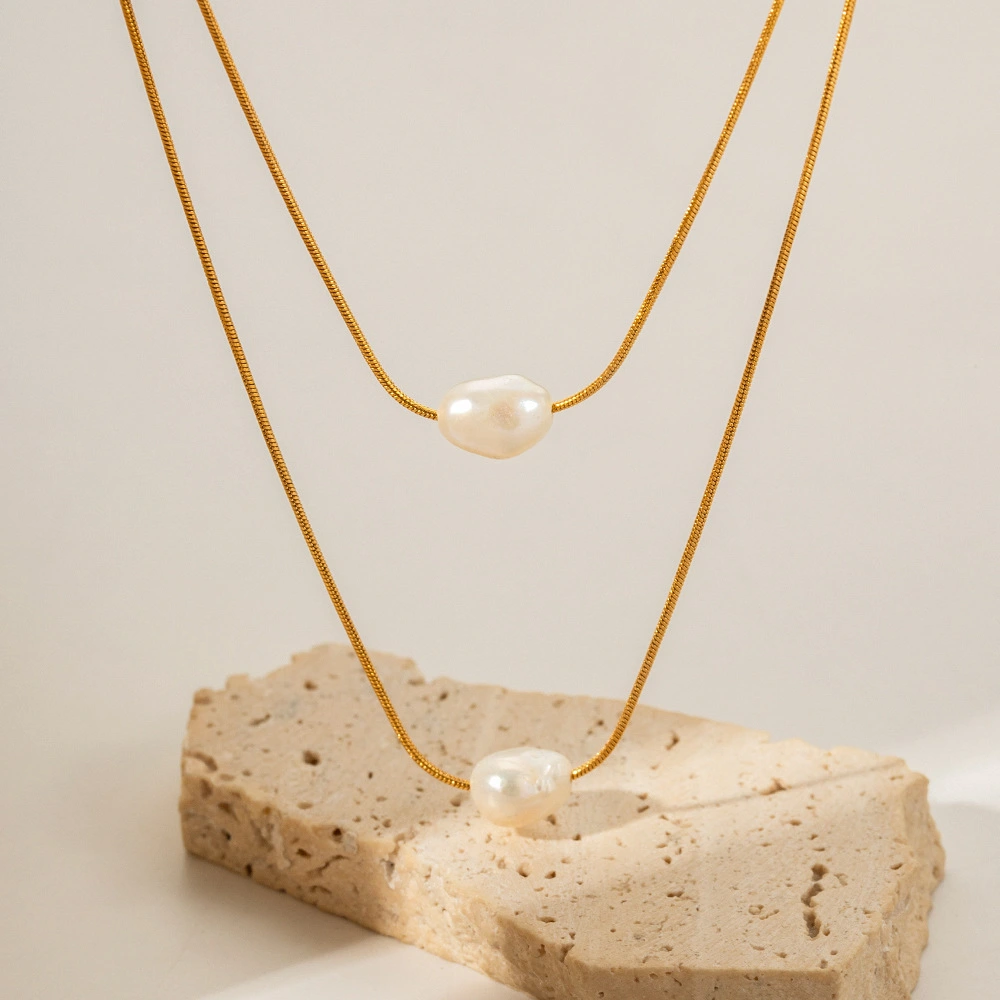 Pearl Necklace 18K Gold Stainless Steel Inlaid Freshwater Pearl Double Layer Non-fading Necklace