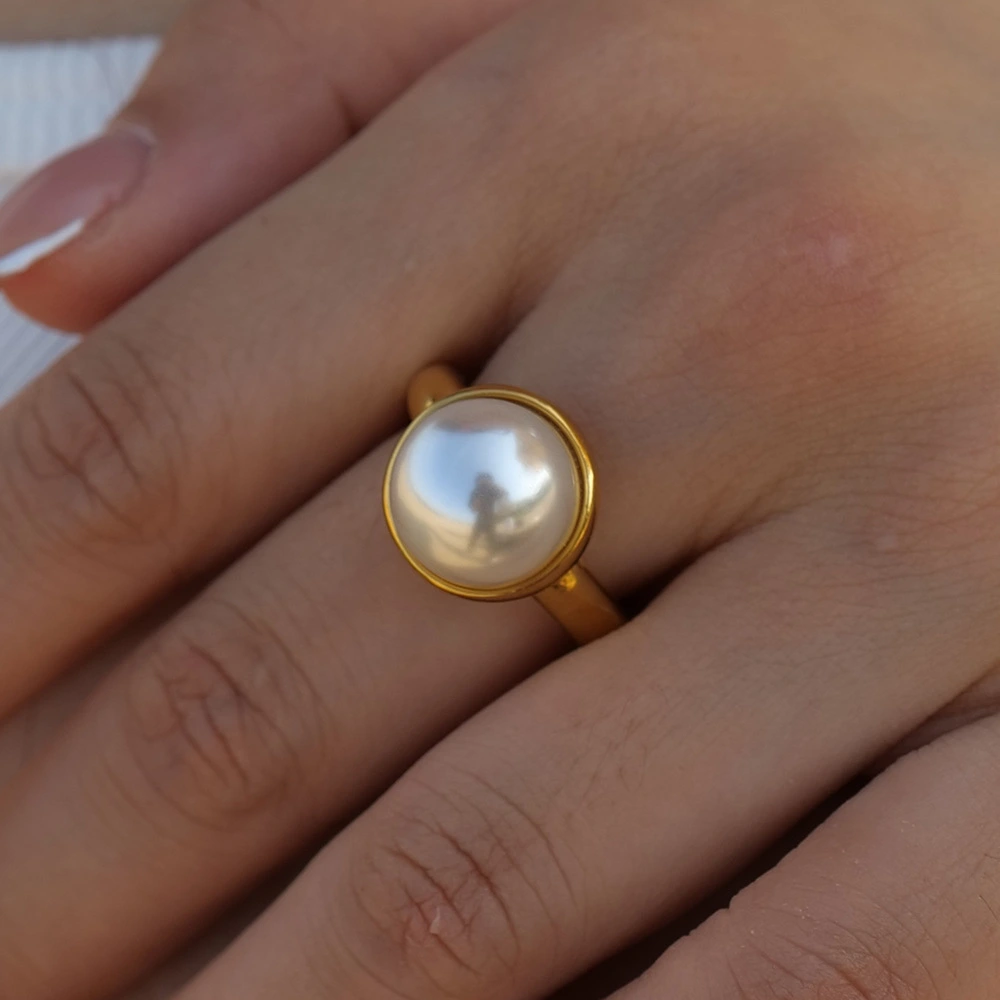 18K Gold Stainless Steel Pearl Closed Fashion Ring Independent Packaging Geometric Non-fading Ornament