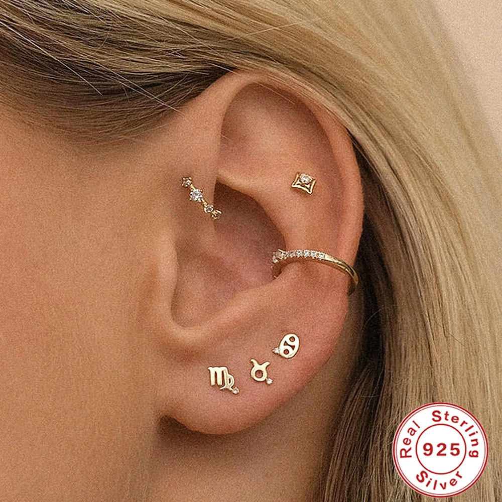 Ins Style Mini Glossy Twelve Constellation S925 Sterling Silver Personality Diamond Constellation Ear Studs Earrings