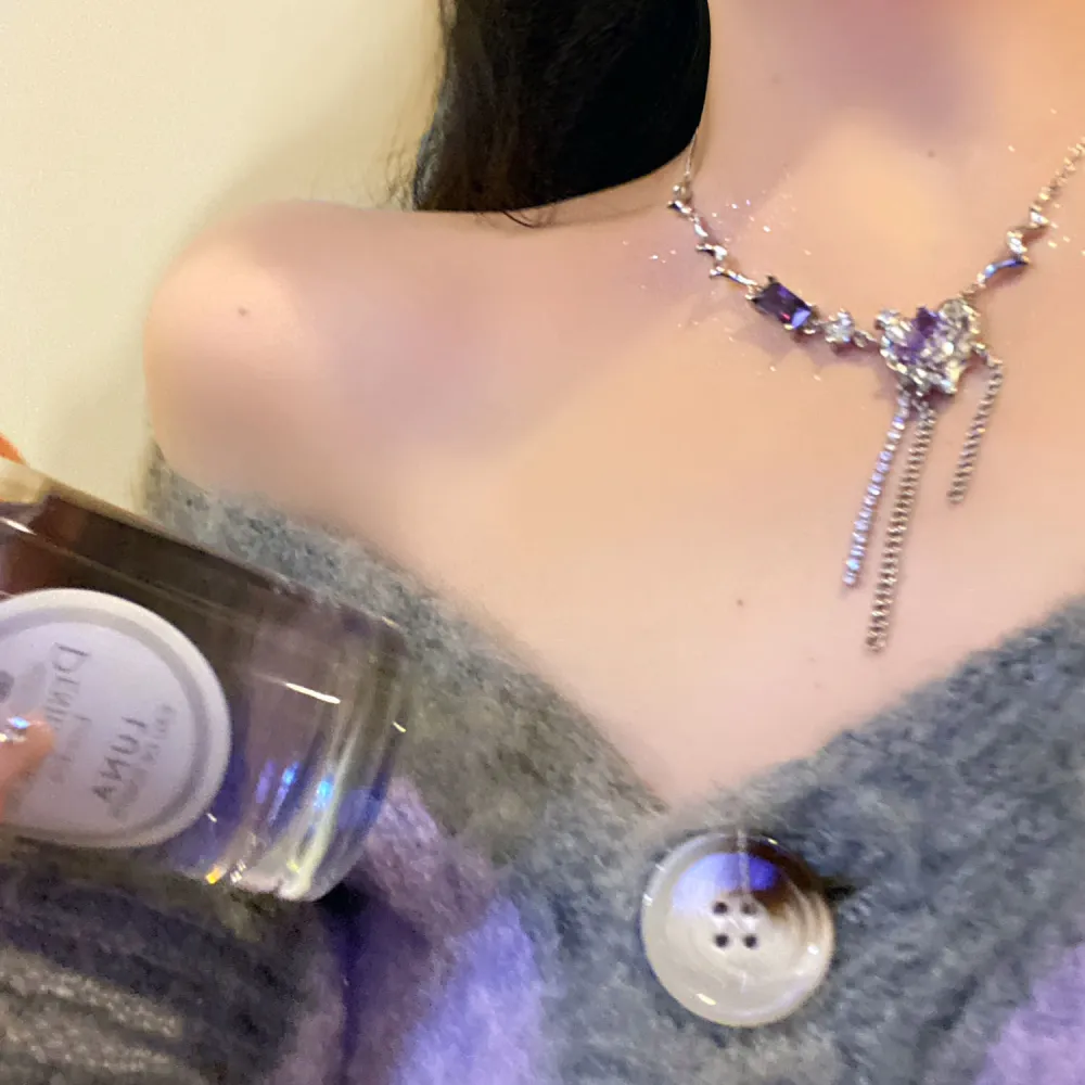 Sweet cool hot girl purple zircon pleated love necklace female clavicle chain female