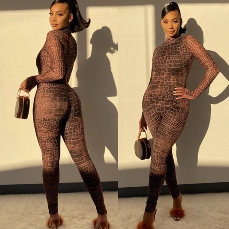 Plus Size Women's Crocodile Skin Pattern Mesh Jumpsuit