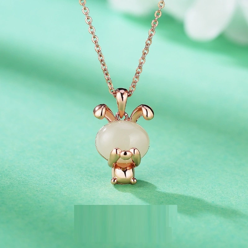 Hetian Jade Fashion S925 Sterling Silver Cute Rabbit Pendant Clavicle Chain