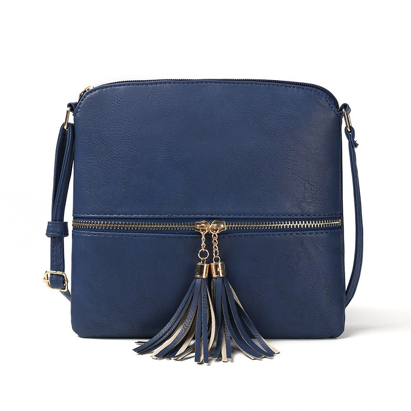 Lightweight Medium Crossbody Bag with Tassel,Women's Crossbody Bag with Tassel,Double tassel front pocket zipper diagonal shoulder bag, Royal blue