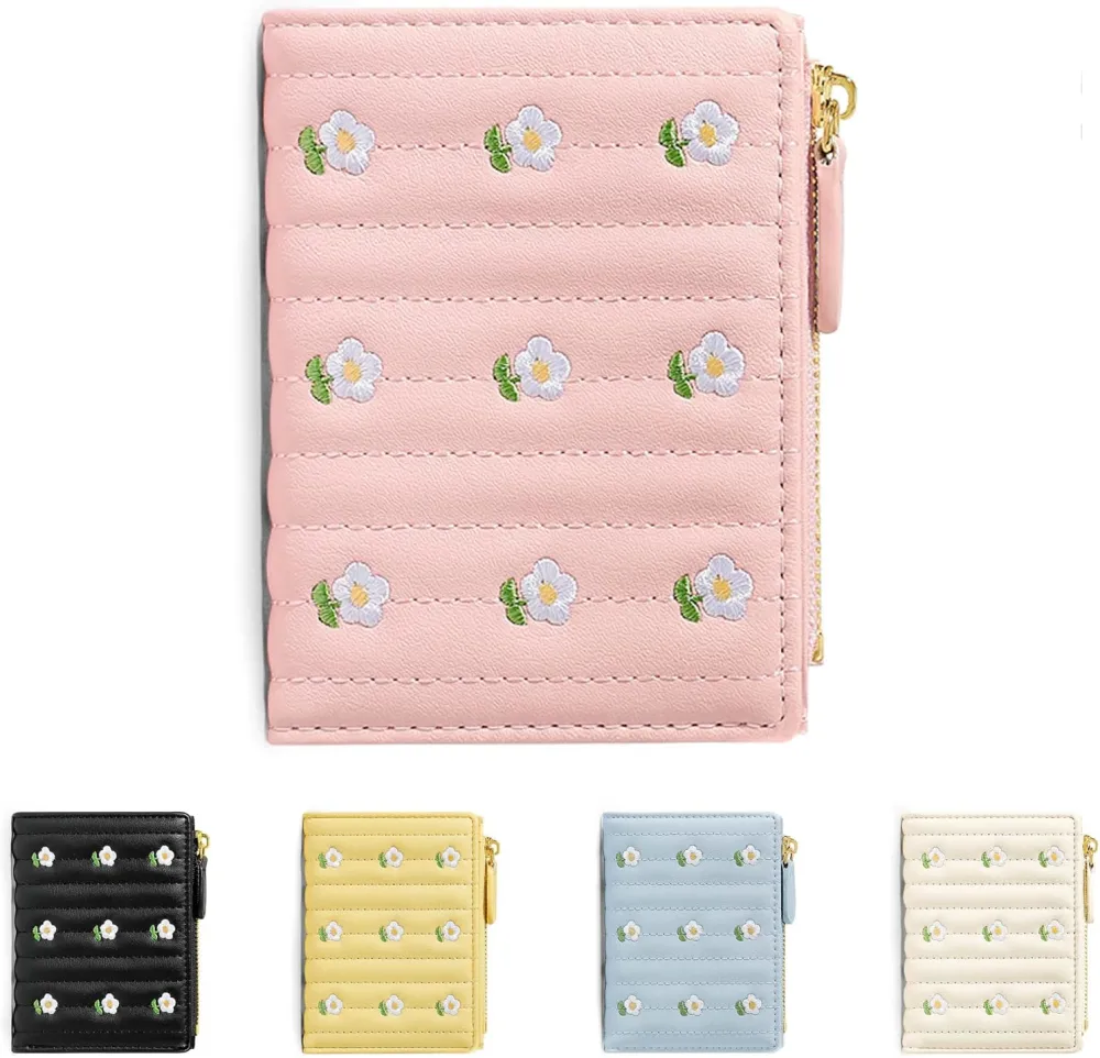 Girls Cute Small Flower Print Wallet Small Bifold Wallet Cash Pocket Card Holder ID Window Purse for Women, Pink