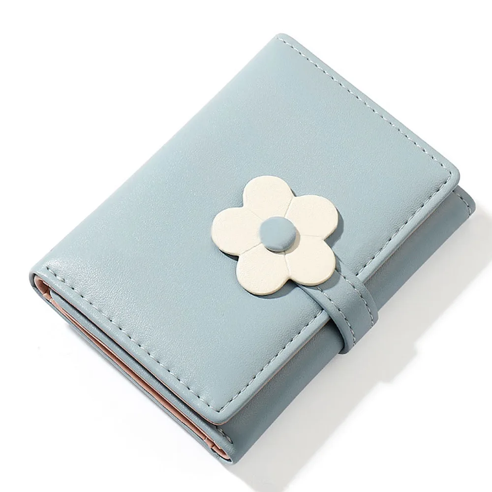 Wallet Women Cute Flower Wallet for Girls Women Small Tri-Fold Wallet Cash Pocket Belt Bag, Blue