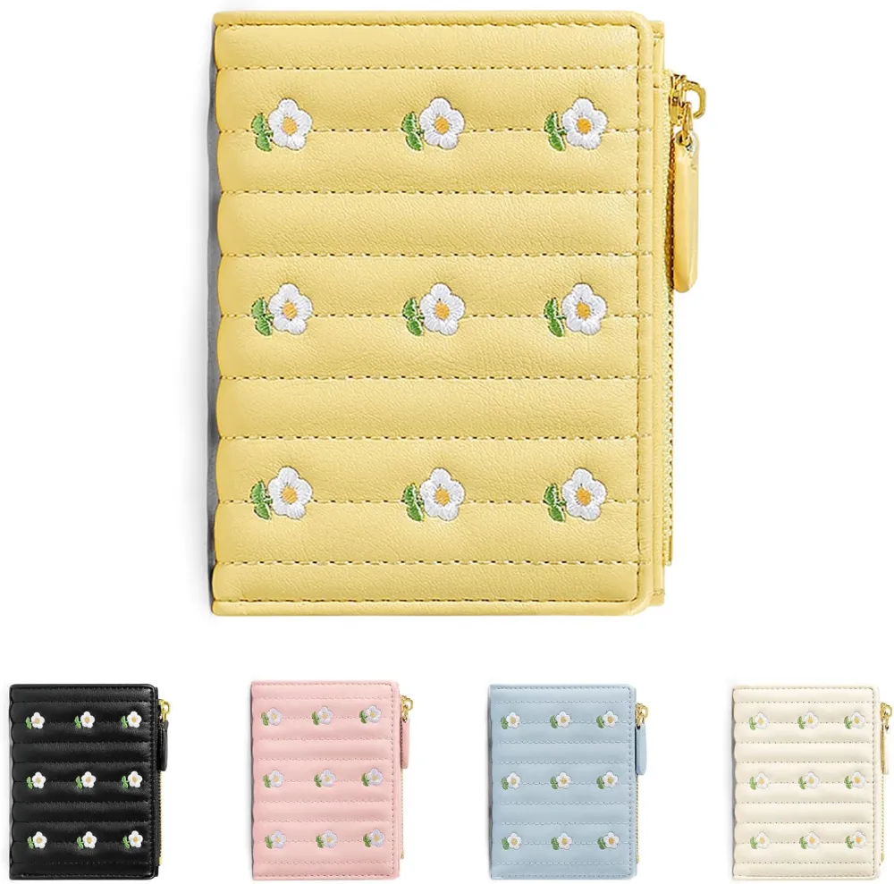 Girls Cute Small Flower Print Wallet Womens Wallet Card Holder, Small Bifold RFID Blocking Purse, Cute Small Leather Pocket Wallet for Women, Yellow