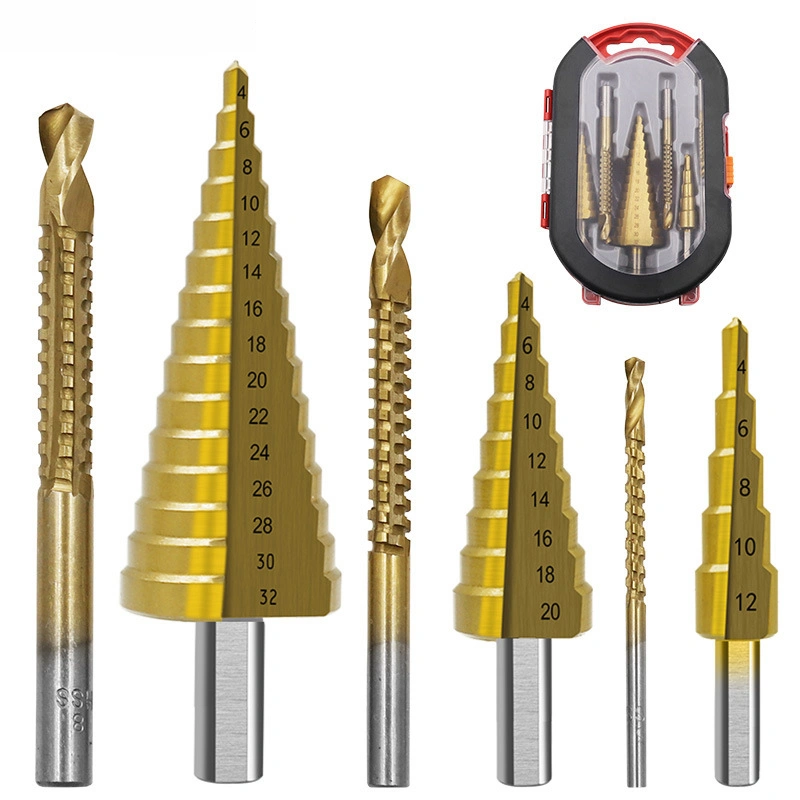 6 PCS Step Drill Pagoda/Hole Saw/Spiral Tap/Twist Drill Bits Set 4241 HSS Hexagonal Shank Drill Head 4-12/4-20/4-32mm 3/6/8MM