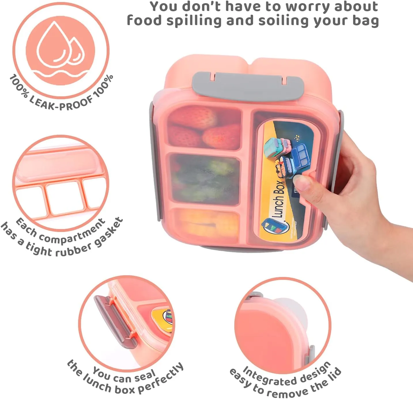 Bento Box Lunch Containers,Bento Boxes with 4 Compartments &Fork,Leak-proof,Microwave/Dishwasher/Freezer Safe
