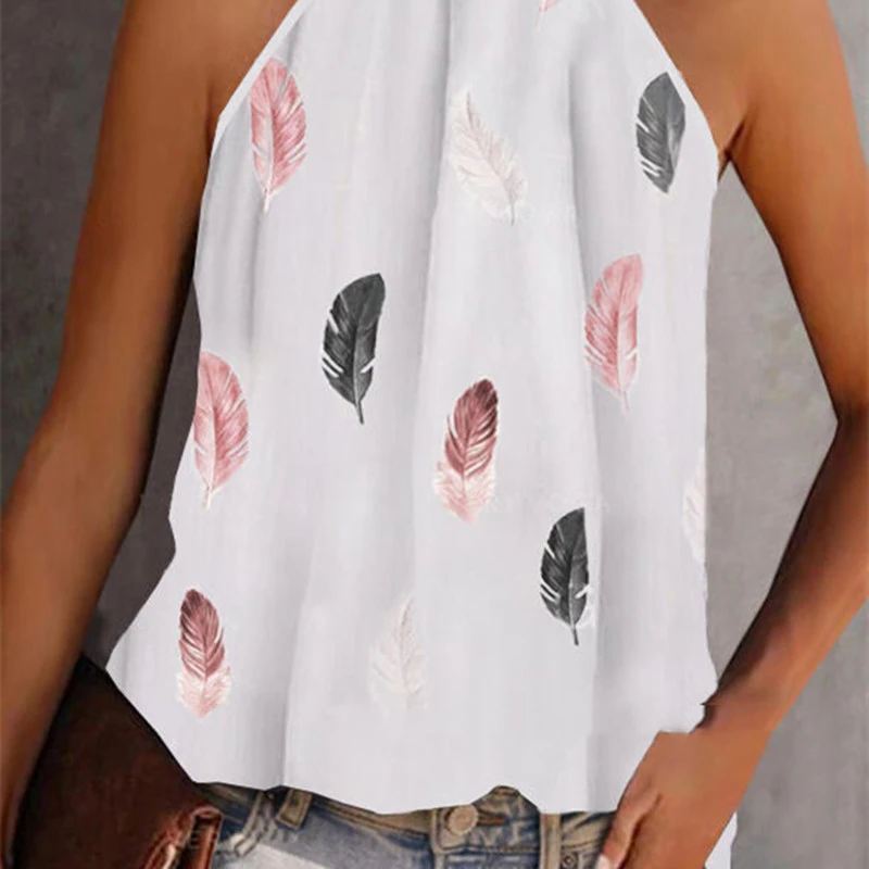 Women's Fashion Casual Halter Half-open Collar Loose Sleeveless Printed T-shirt
