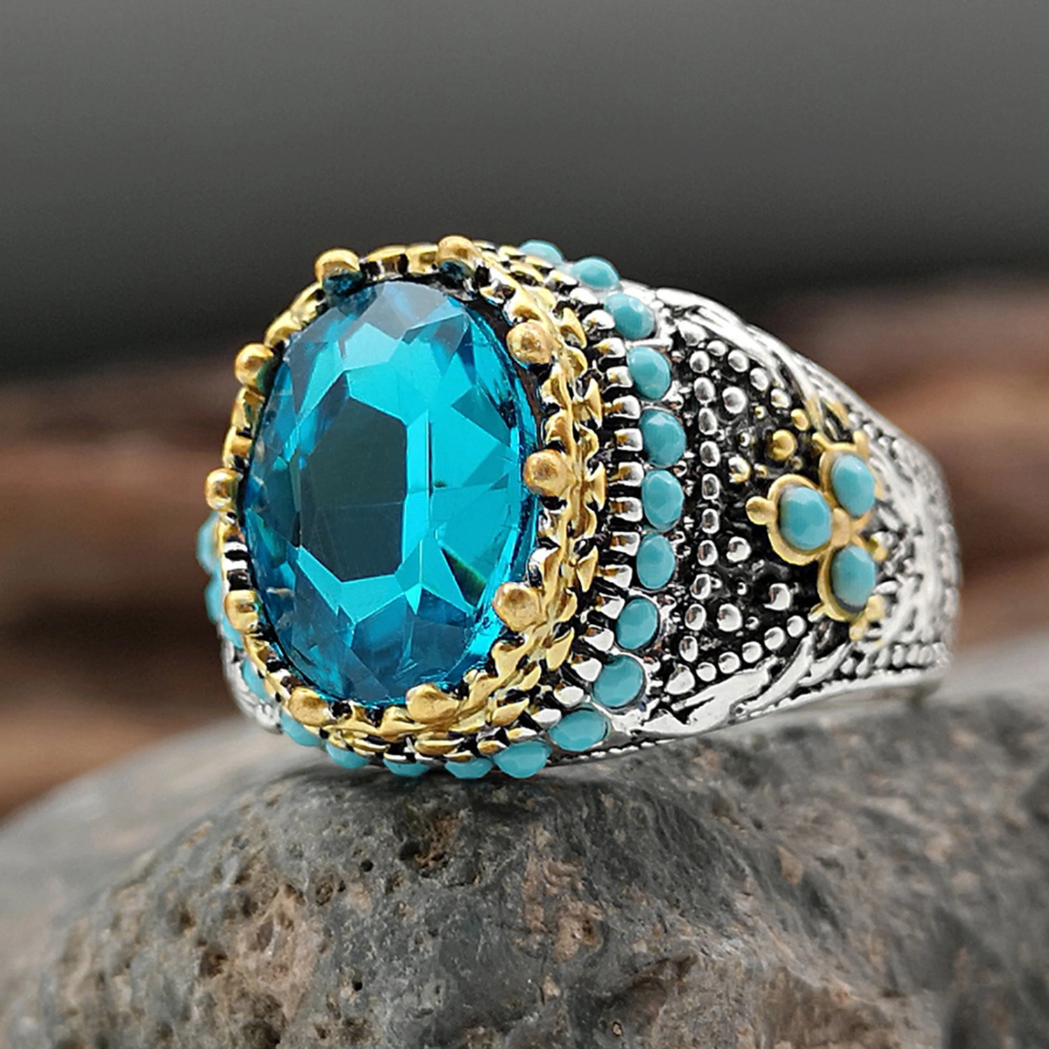 Finger Band Oval-shaped Retro Style Electroplating Geometric Rhinestone Inlaid Dress Up Jewelry Accessory Personality Trendy Finger Ring for Party