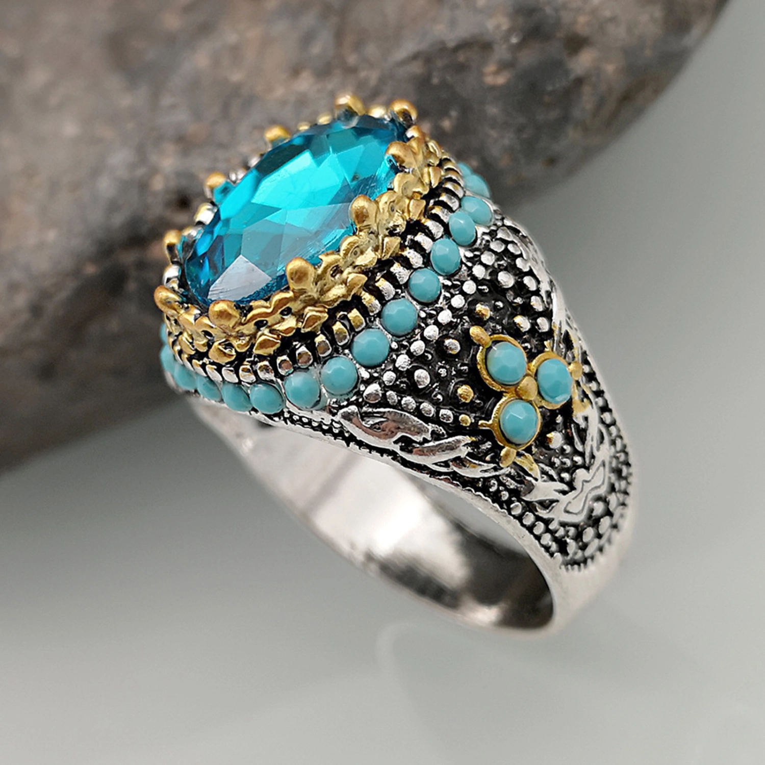 Finger Band Oval-shaped Retro Style Electroplating Geometric Rhinestone Inlaid Dress Up Jewelry Accessory Personality Trendy Finger Ring for Party