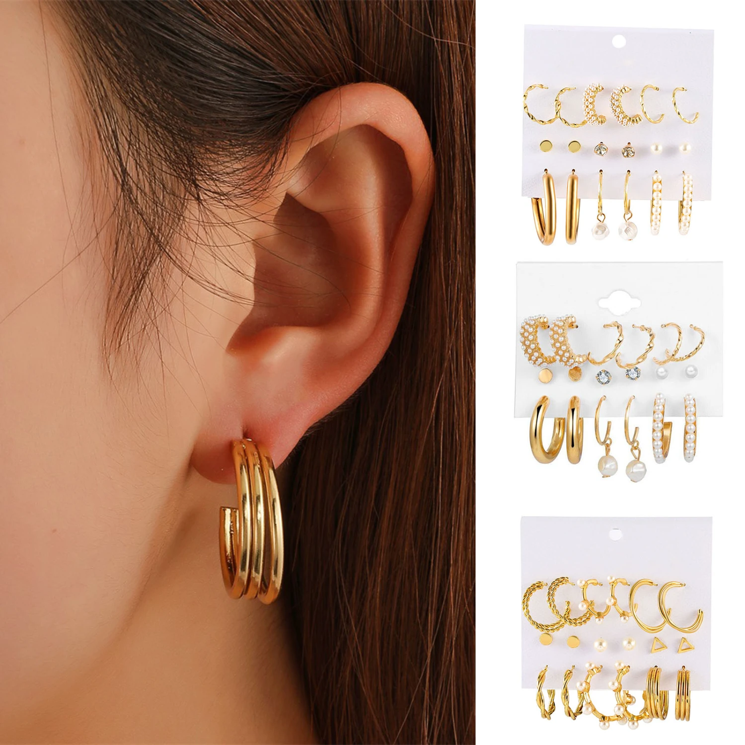 9 Pairs Faux Pearl Hoop Earrings Elegant Alloy Electroplated Exaggerated Geometric Heart Stud Earrings Valentine Day Anniversary Women Gift