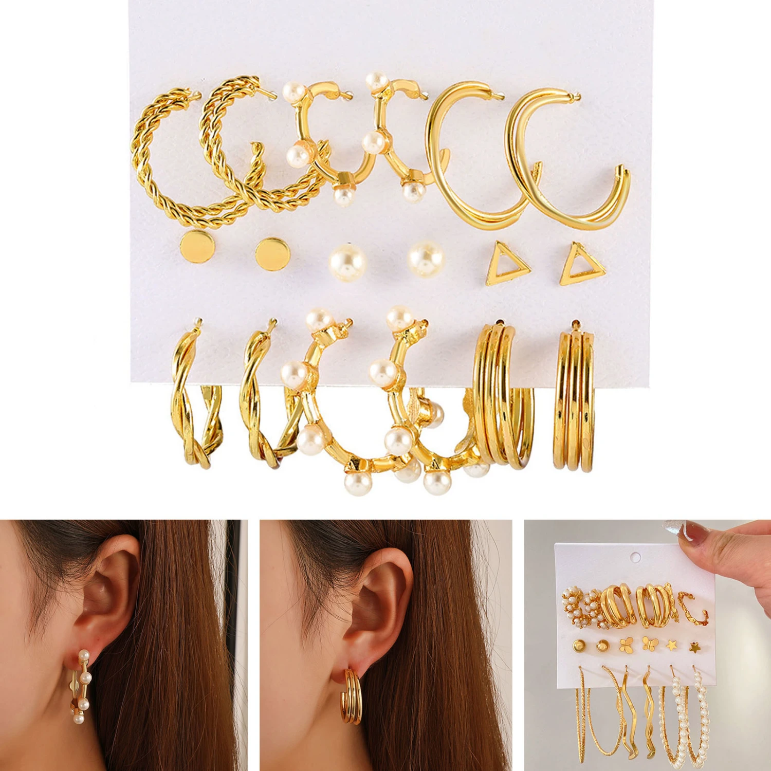 9 Pairs Faux Pearl Hoop Earrings Elegant Alloy Electroplated Exaggerated Geometric Heart Stud Earrings Valentine Day Anniversary Women Gift