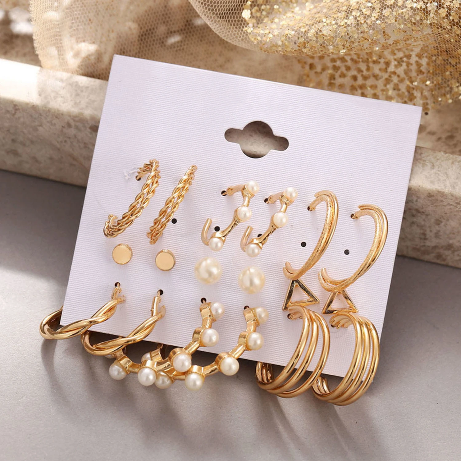 9 Pairs Faux Pearl Hoop Earrings Elegant Alloy Electroplated Exaggerated Geometric Heart Stud Earrings Valentine Day Anniversary Women Gift