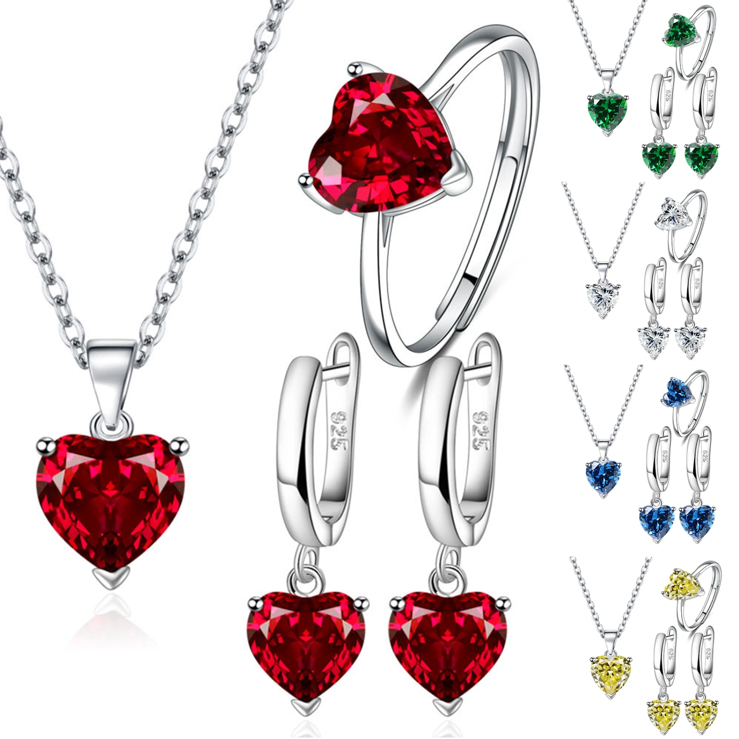 1 Set Necklace Jewelry Set Multi-colored Love Heart Pendant Dainty Gift Minimalist Drop Earrings Open Ring Kit Fashion Jewelry