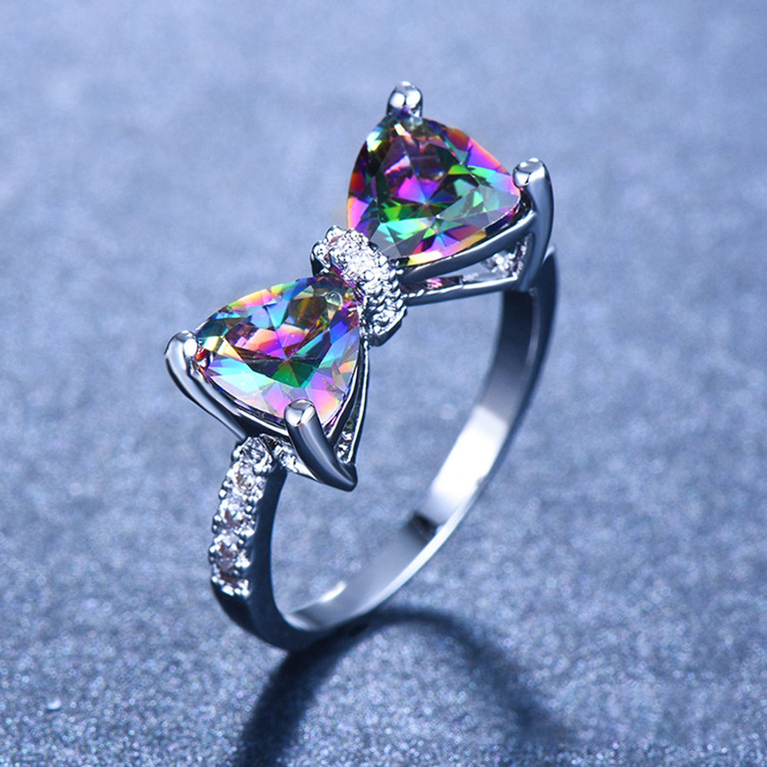 Women Ring Aesthetic Bow-knot Shiny Rhinestone Inlaid Sparkling Decorative Valentines Gift Colored Cubic Zirconia Forefinger Ring Jewelry Fashion Accessory