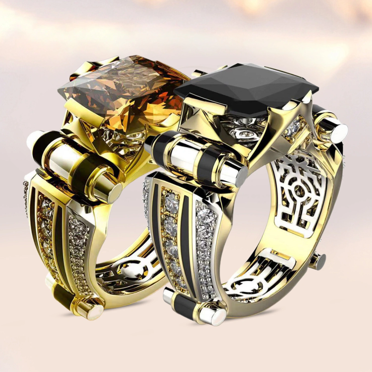 Women Ring Faux Square Crystal Two-tone Vintage Cool Punk Gift Hollow Bling Cubic Zirconia Ladies Finger Ring for Party