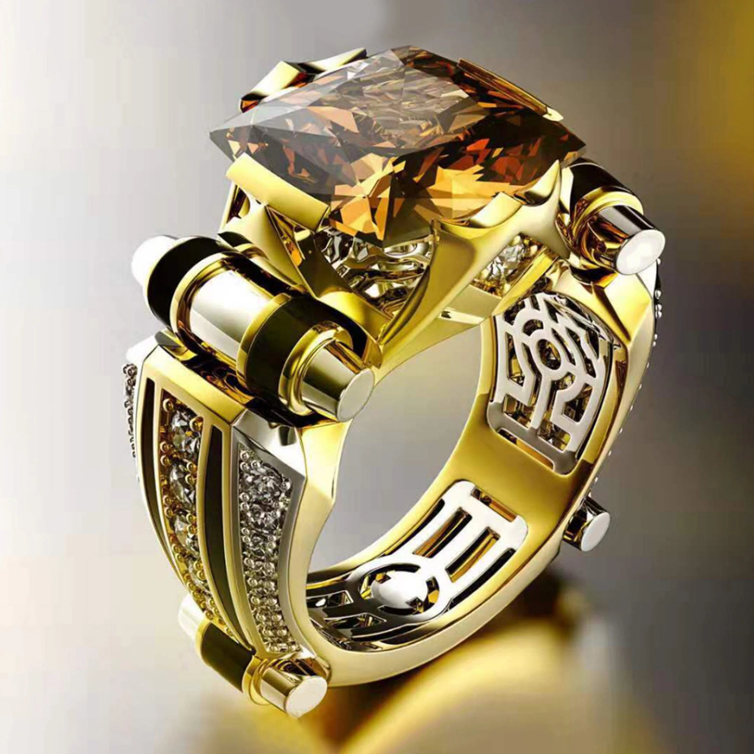 Women Ring Faux Square Crystal Two-tone Vintage Cool Punk Gift Hollow Bling Cubic Zirconia Ladies Finger Ring for Party