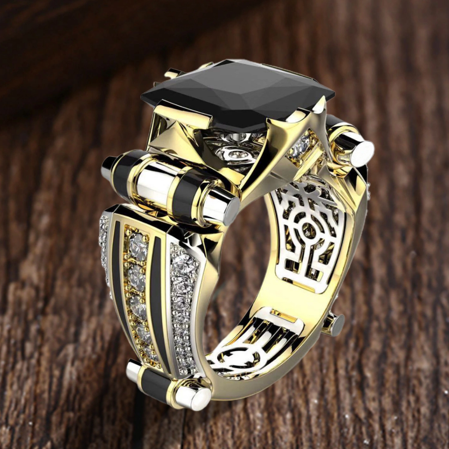 Women Ring Faux Square Crystal Two-tone Vintage Cool Punk Gift Hollow Bling Cubic Zirconia Ladies Finger Ring for Party