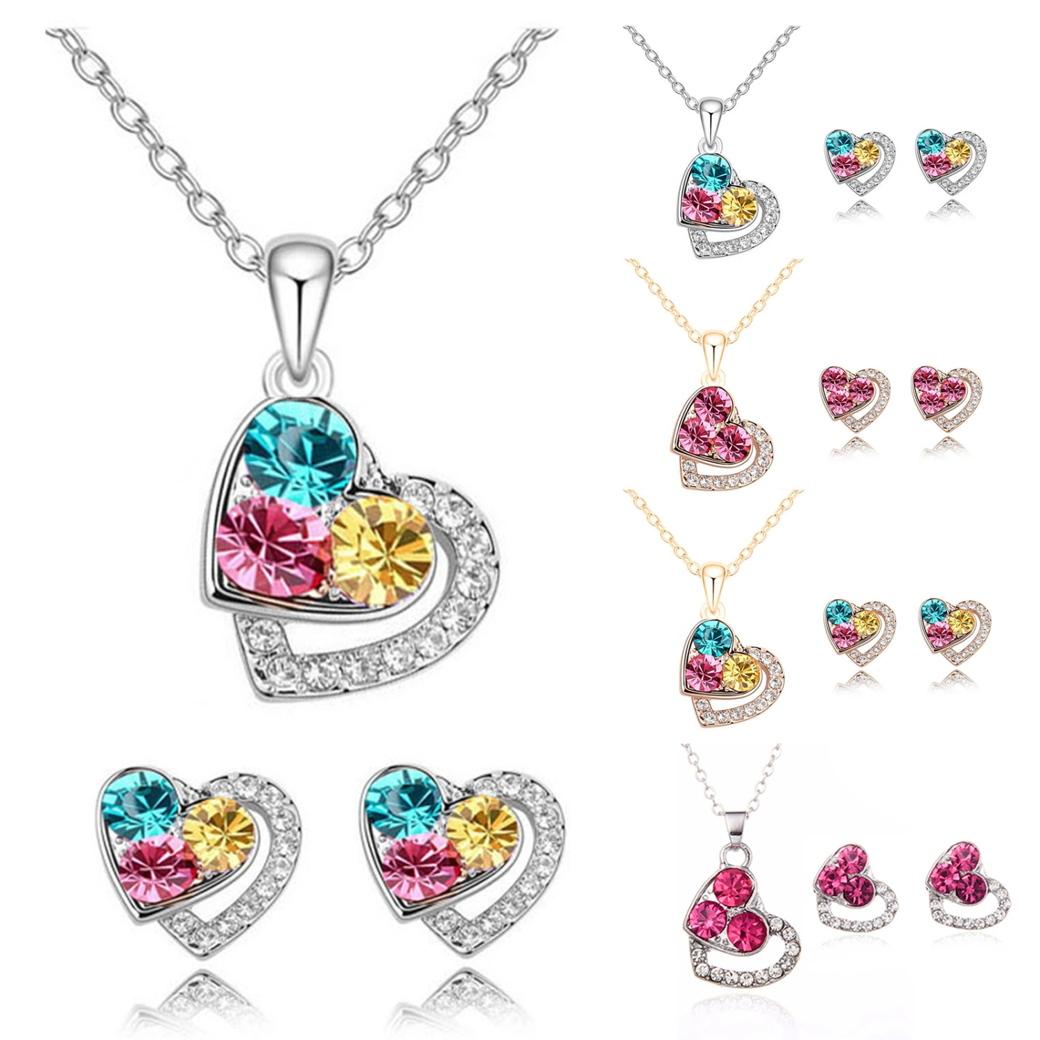 1 Set Women Jewelry Set Shiny Colorful Full Rhinestones Geometric Sparkling Decorative Anniversary Gift Love Heart Shape Pendant Necklace Stud Earring Set Fashion Accessory