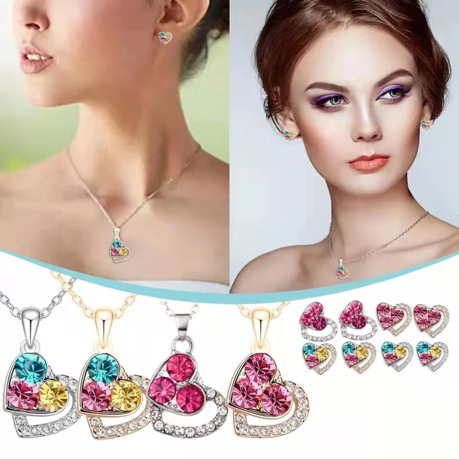 1 Set Women Jewelry Set Shiny Colorful Full Rhinestones Geometric Sparkling Decorative Anniversary Gift Love Heart Shape Pendant Necklace Stud Earring Set Fashion Accessory