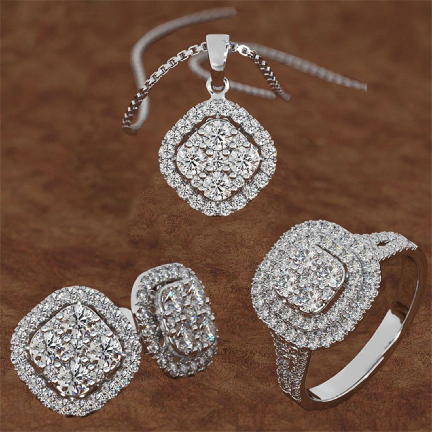 3Pcs/Set Bridal Ring Electroplating Geometric Shape Shiny Luxury Charming Dress Up Fine Workmanship Wedding Dress Rhinestone Stud Earrings Necklace Set Jewelry Accessory