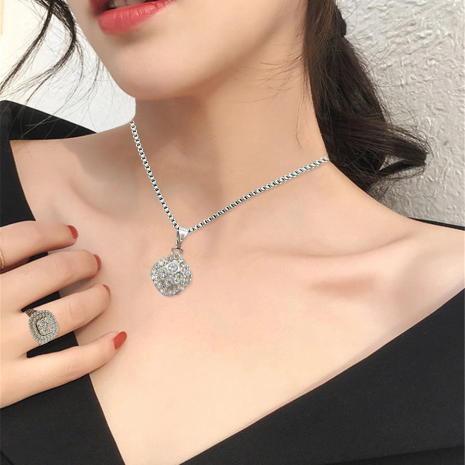 3Pcs/Set Bridal Ring Electroplating Geometric Shape Shiny Luxury Charming Dress Up Fine Workmanship Wedding Dress Rhinestone Stud Earrings Necklace Set Jewelry Accessory