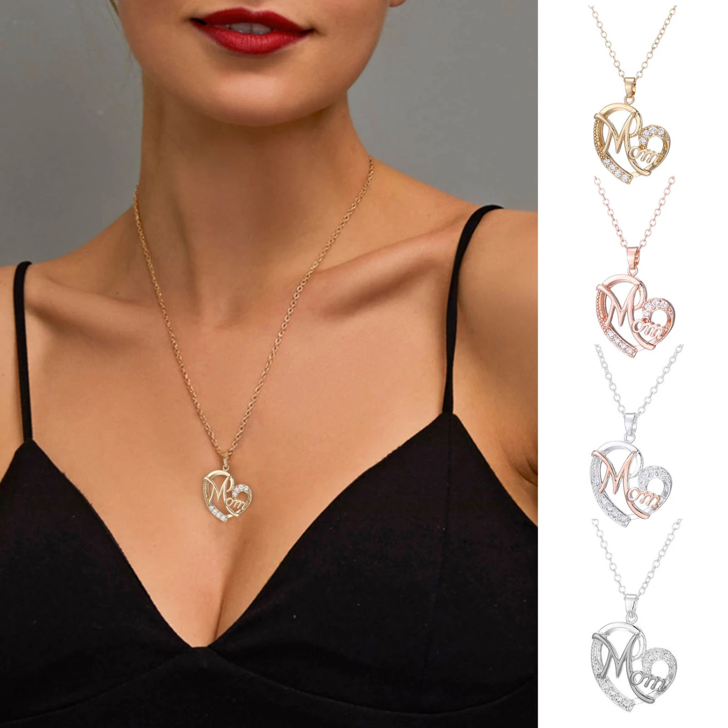 Women Necklace Shiny Rhinestones Inlay Heart Pendant MOM Lettered Elegant Dress-Up Alloy Jewelry Clavicle Chain Party Dress Mom Jewelry Mother's Day Gift