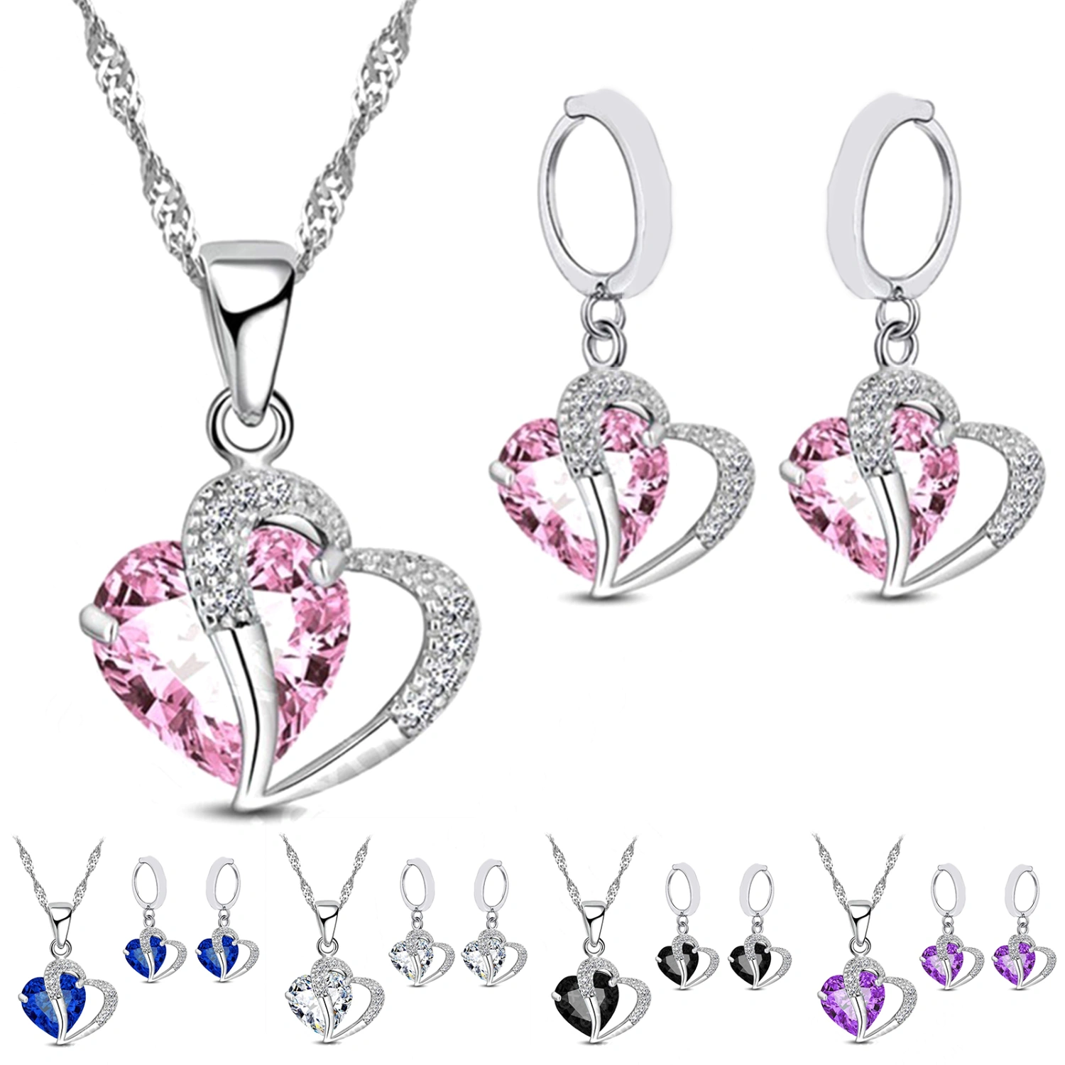 1 Set Drop Earrings Geometric Rhinestone High Gloss Cubic Zirconia Fine Workmanship Decoration Shinny Heart-shaped Pendant Necklace Women Accessory
