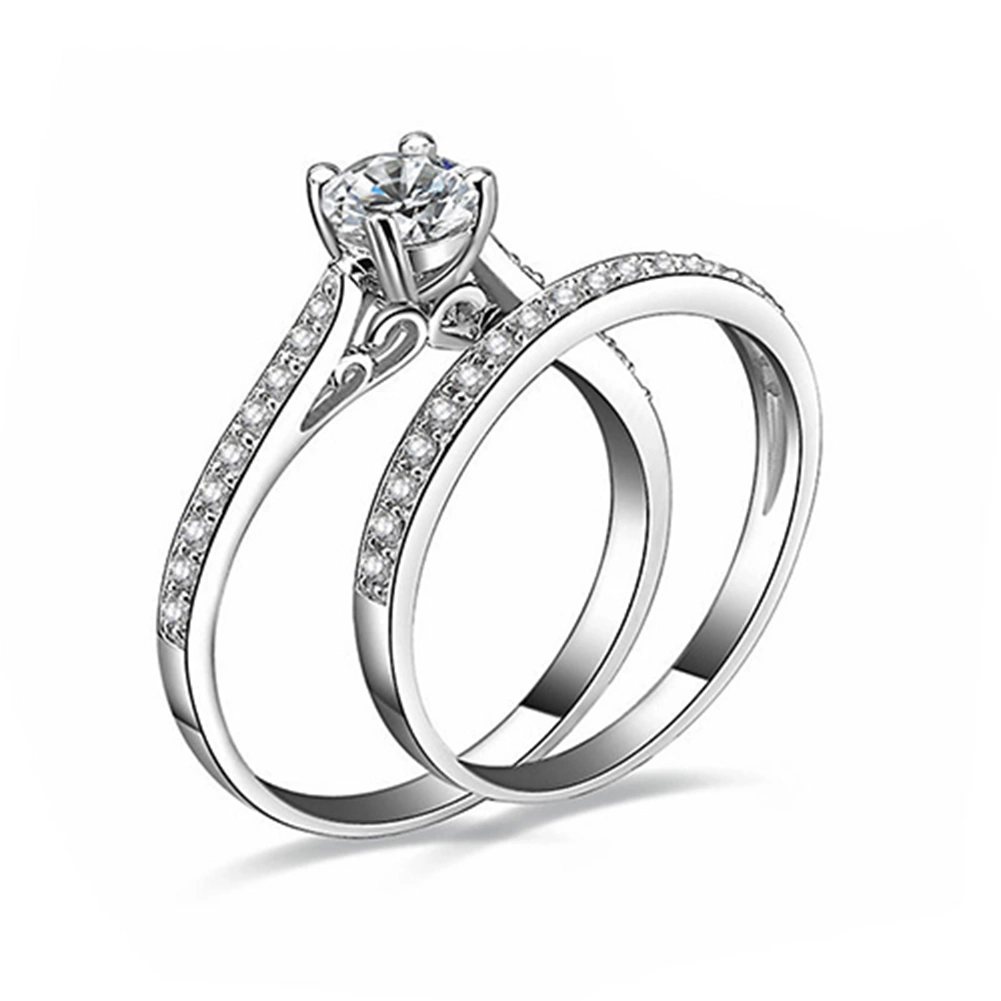 Women Engagement Wedding 2Pcs Ring Set Cubic Zirconia White Silver Plated Rings