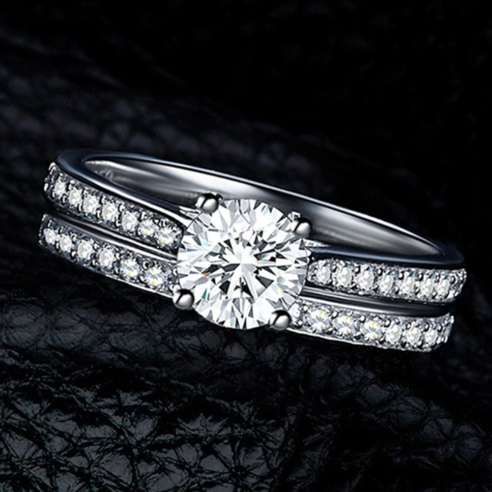 Women Engagement Wedding 2Pcs Ring Set Cubic Zirconia White Silver Plated Rings