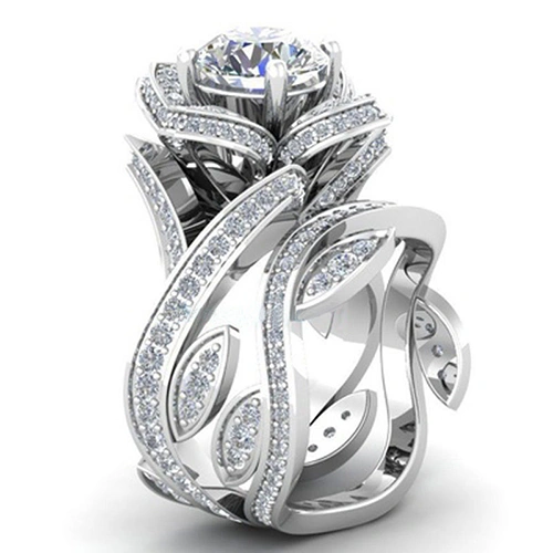 Women's Luxury White Zircon Hollow Rose Flower Wedding Finger Ring Size 6-10