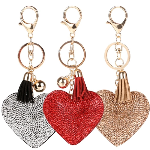 Women Romantic Key Chain Love Heart Shape Rhinestone Tassels Bag Charms Keyring