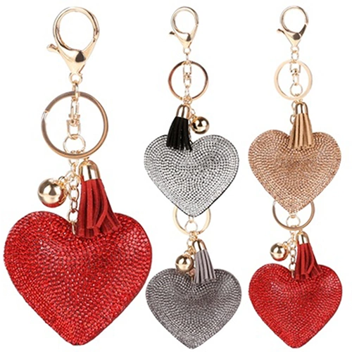 Women Romantic Key Chain Love Heart Shape Rhinestone Tassels Bag Charms Keyring
