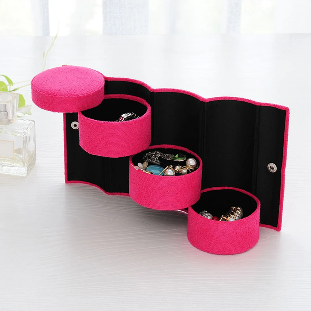 Portable 3 Layers Cylinder Shaped Rotatable Women Jewelry Storage Box Organizer