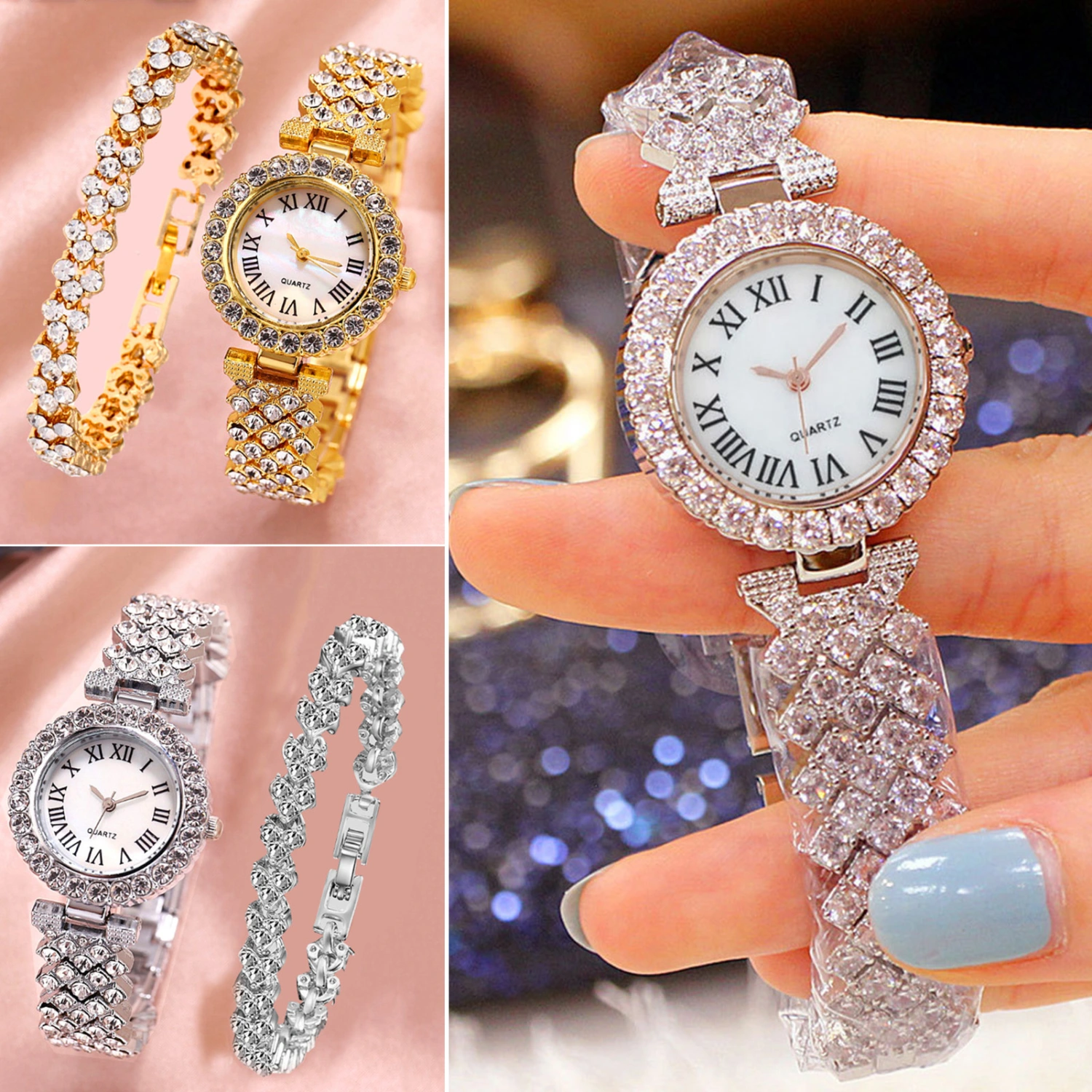 2Pcs/Set Women Watch Bracelet Kit Round Dial Shiny Rhinestones Inlaid Roman Numerals Pointer Display Accurate Decorative Gift Lady Quartz Wristwatch Bangle Jewelry Fashion Accessories