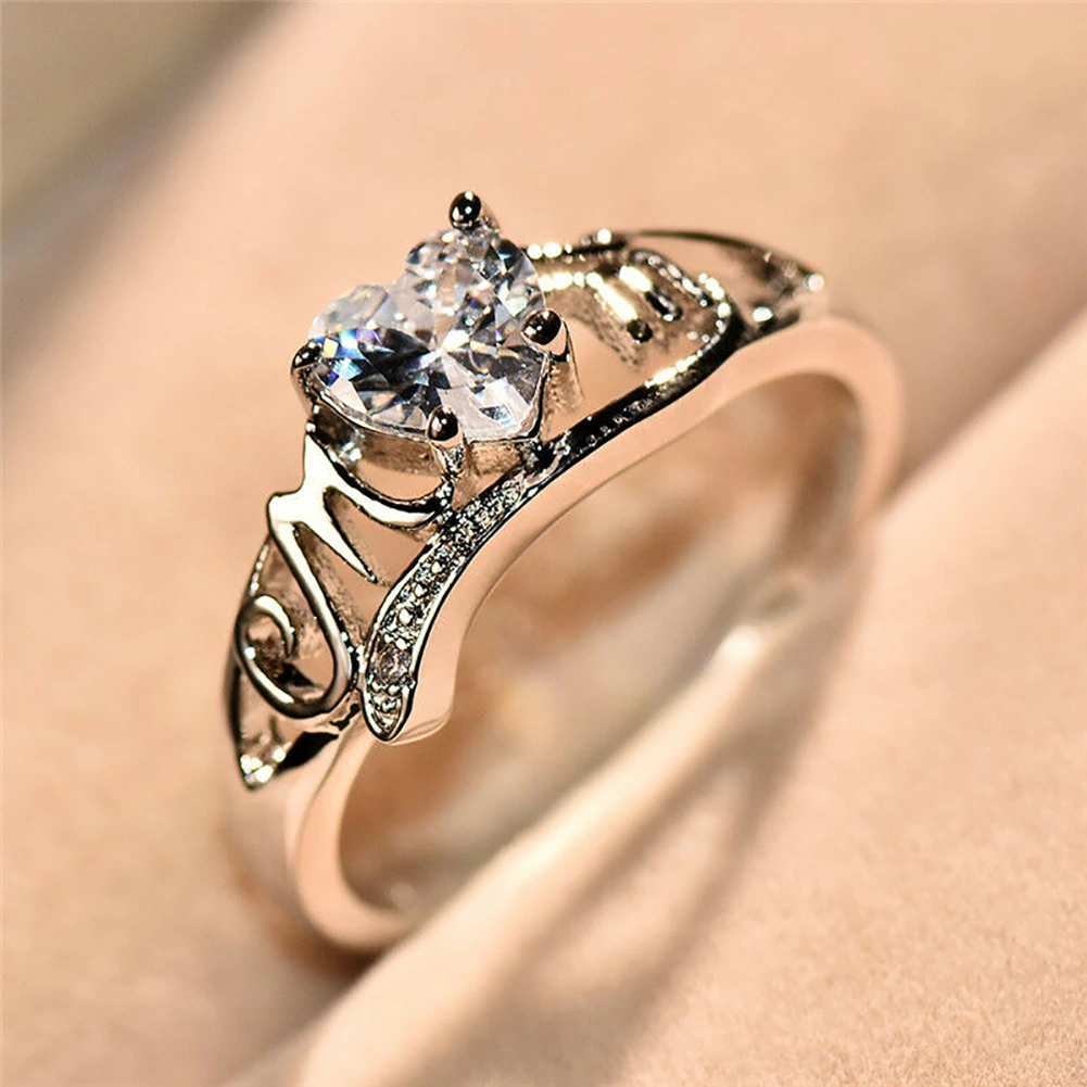 MOM Fashion Heart Cubic Zirconia Inlaid Finger Ring Jewelry Mothers Day Gift