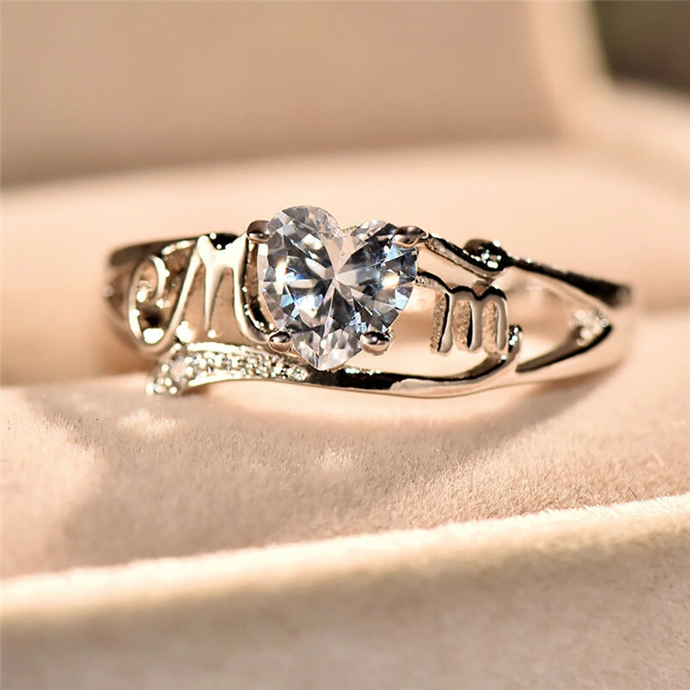 MOM Fashion Heart Cubic Zirconia Inlaid Finger Ring Jewelry Mothers Day Gift