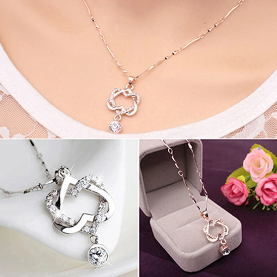 Women Fashion Double Hollow Love Heart Pendant Necklace Chain Choker Jewelry
