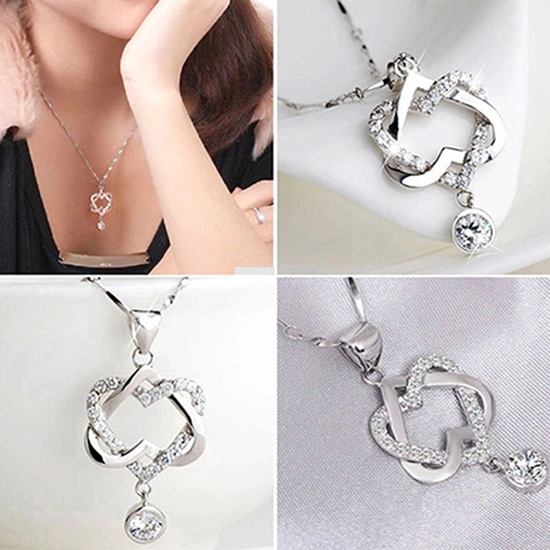 Women Fashion Double Hollow Love Heart Pendant Necklace Chain Choker Jewelry